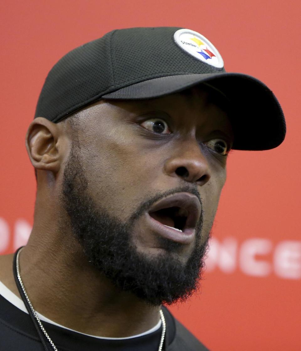 Pittsburgh Steelers head coach Mike Tomlin talks with reporters after their NFL football practice, Wednesday, Jan. 18, 2017, in Pittsburgh. The Steelers face the New England Patriots in the AFC conference championship on Sunday. (AP Photo/Keith Srakocic)