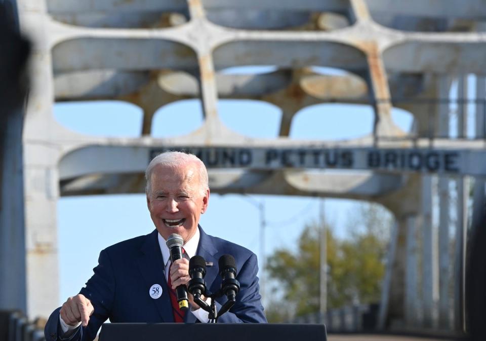 President Joe Biden speaks near the Edmund Pettus Bridge in Selma, Ala., Sunday, March 5, 2023 (AP)