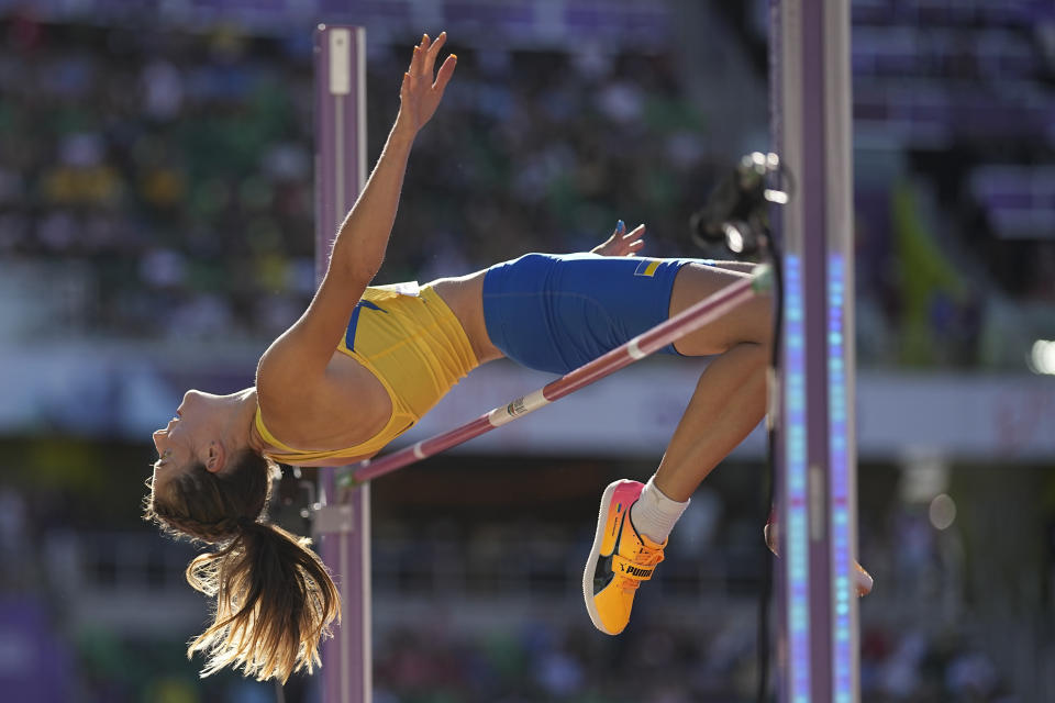 Yaroslava Mahuchikh, of Ukraine, competes during the women's high jump final at the World Athletics Championships on Tuesday, July 19, 2022, in Eugene, Ore. (AP Photo/David J. Phillip)