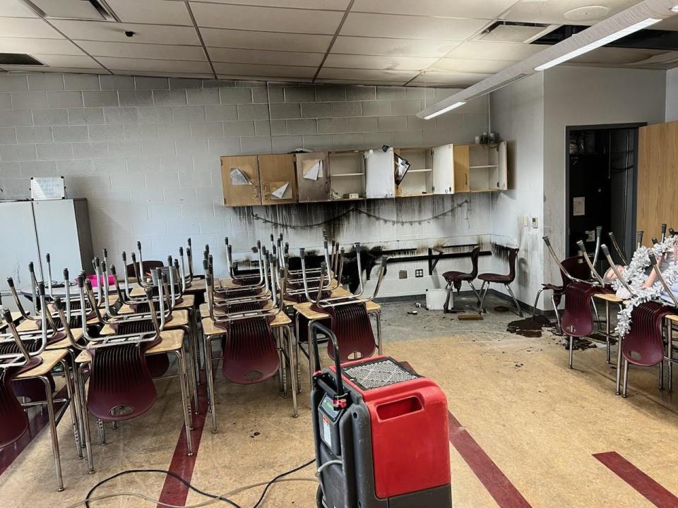 A math classroom in Newark High School's F wing shows soot on the walls, from the small fire which occurred in there Saturday due to an electrical issue.