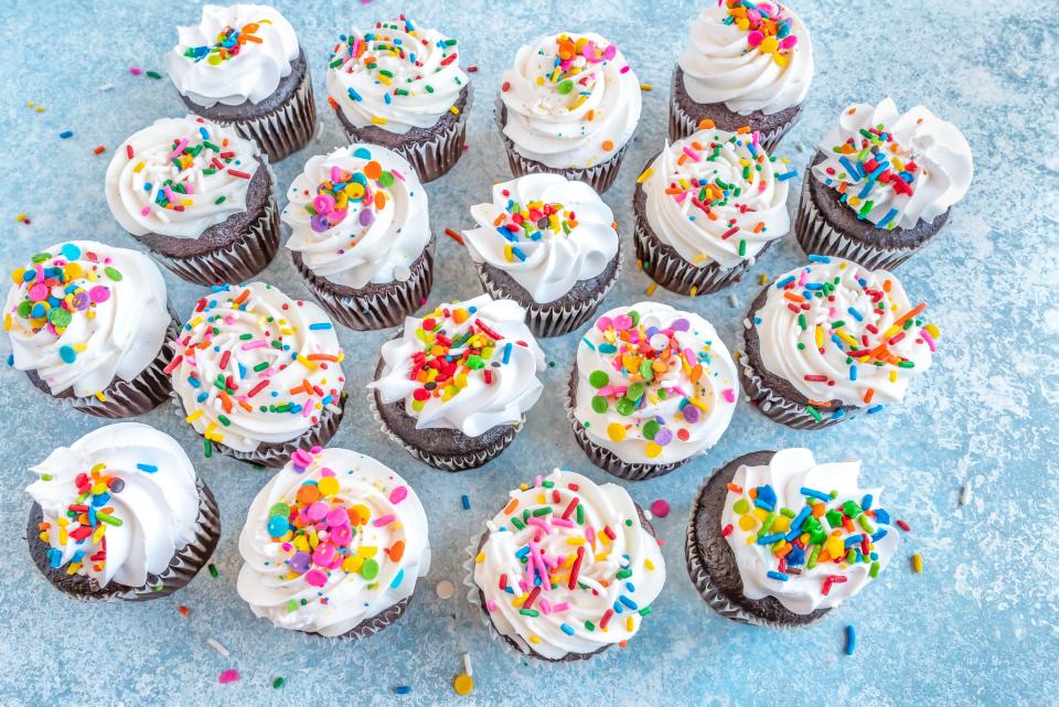 photo of all of the cupcakes together on blue background