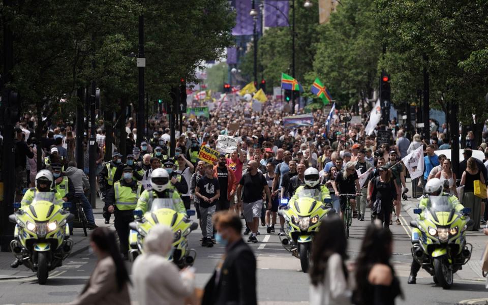 Thousands of anti-lockdown protesters have gathered in central London this weekend - Aaron Chown/PA Wire