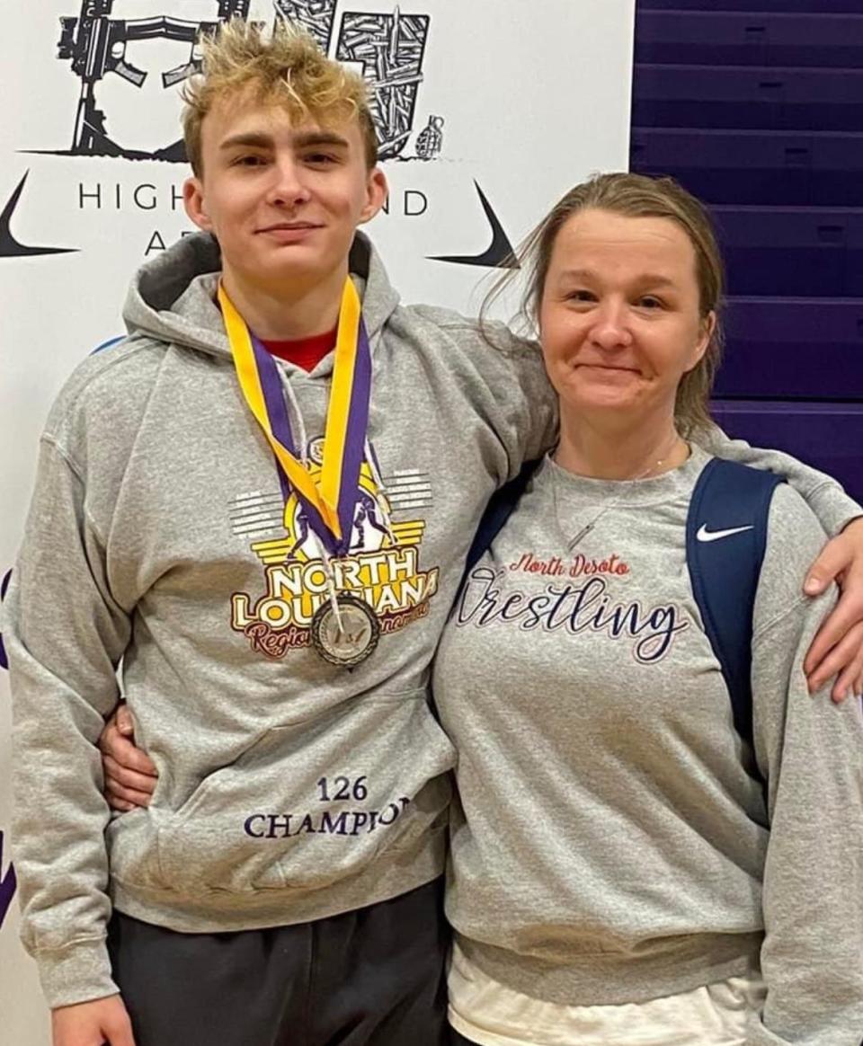Nathan Adams, pictured here with his mother, Holly, will be competing for an LHSAA wrestling title Feb. 2-3 in Bossier City's Brookshire Arena.