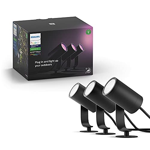 Philips Hue Lily White & Color Outdoor Spot Light Base kit (Hue Hub required), 3 Spot Lights wi…