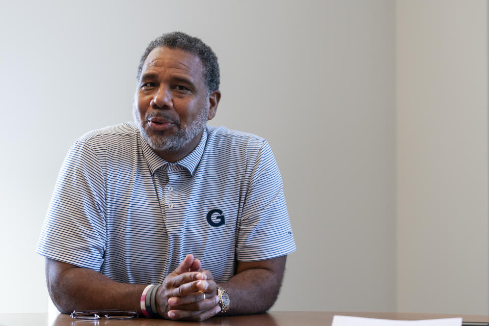 Georgetown NCAA college basketball head coach Ed Cooley speaks during an interview, Thursday, Oct. 19, 2023, in Washington. Georgetown was picked to finish eighth out of 11 teams in the Big East coaches' preseason poll. (AP Photo/Stephanie Scarbrough)
