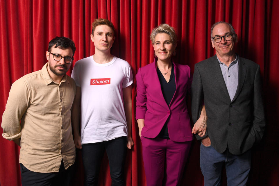 LONDON, ENGLAND - MARCH 09: Simon Bird, Tom Rosenthal, Tamsin Greig and Paul Ritter attend the 