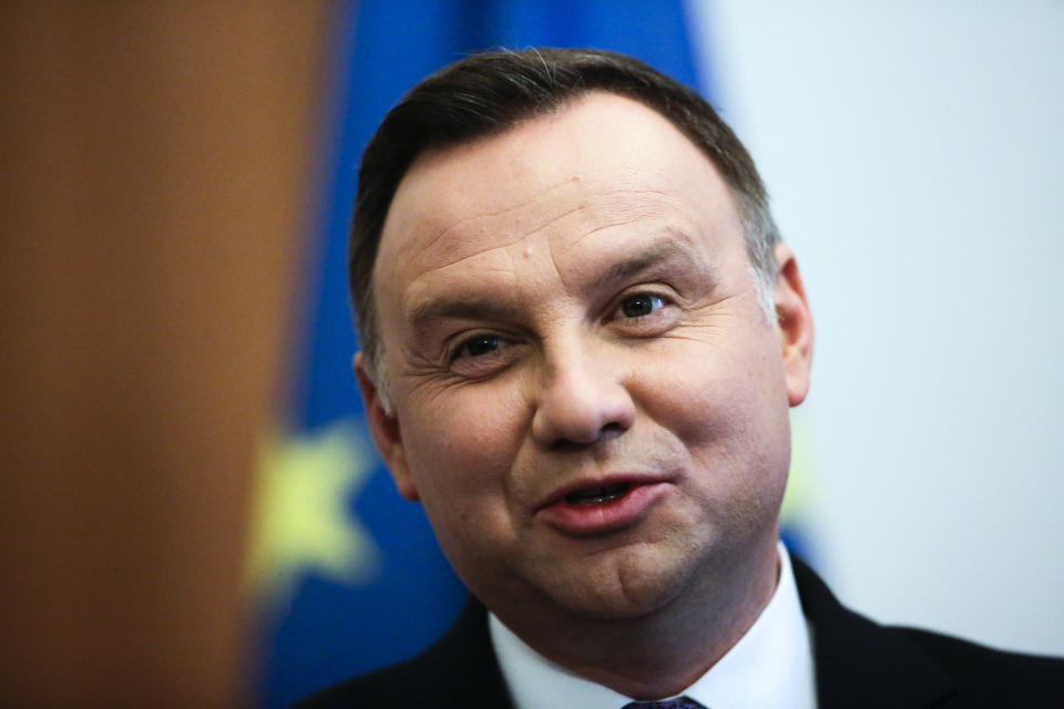 Poland's President Andrzej Duda addresses the media during a joint news conference with German President Frank-Walter Steinmeier at Bellevue Palace in Berlin, Tuesday, Oct. 23, 2018. (AP Photo/Markus Schreiber)