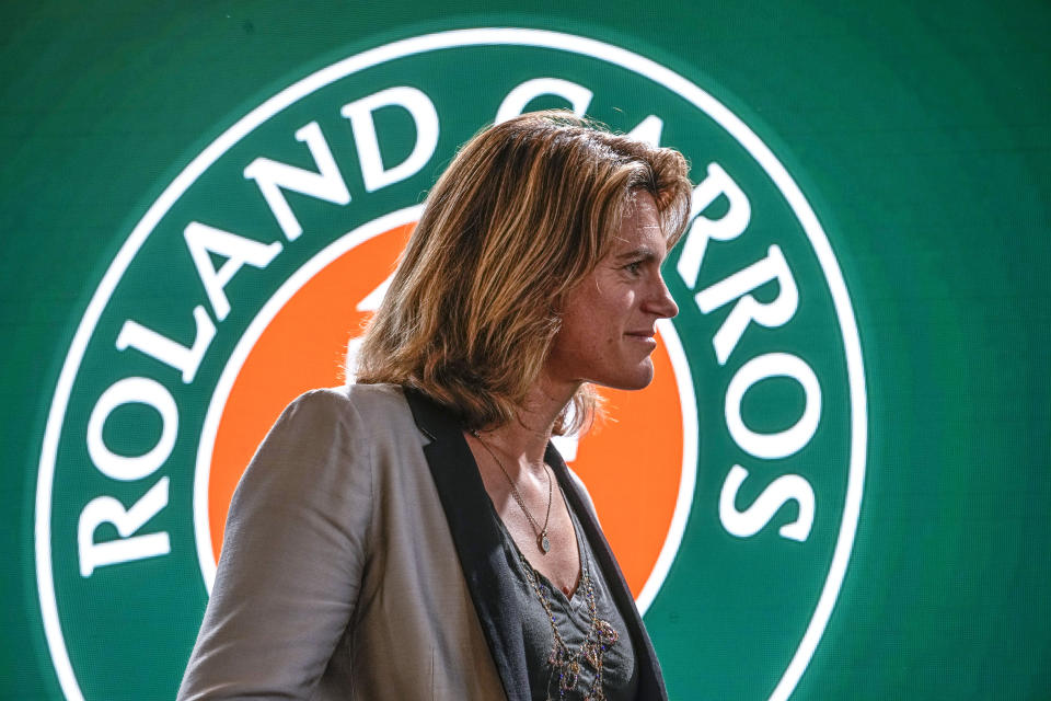 Director of Roland-Garros former tennis player Amelie Mauresmo attends the draw of the French Open tennis tournament at the Roland Garros stadium in Paris, Thursday, May 19, 2022. The French Open tennis tournament starts Sunday May 22. (AP Photo/Michel Euler)