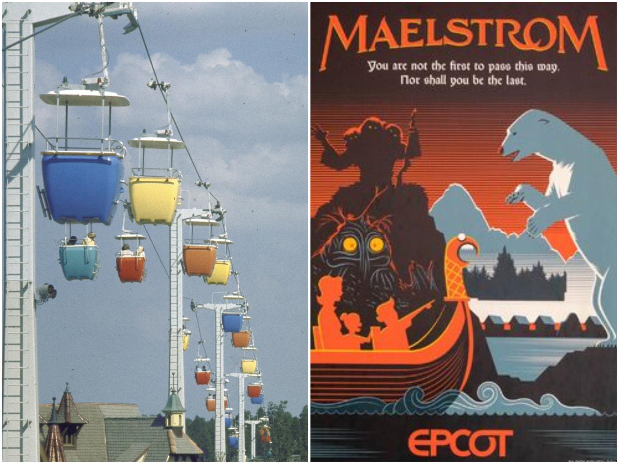 Side by side of colorful cable cars suspended by a wire in the sky and an illustration of a polar bear and fury scary creatures with the word "Maelstrom."