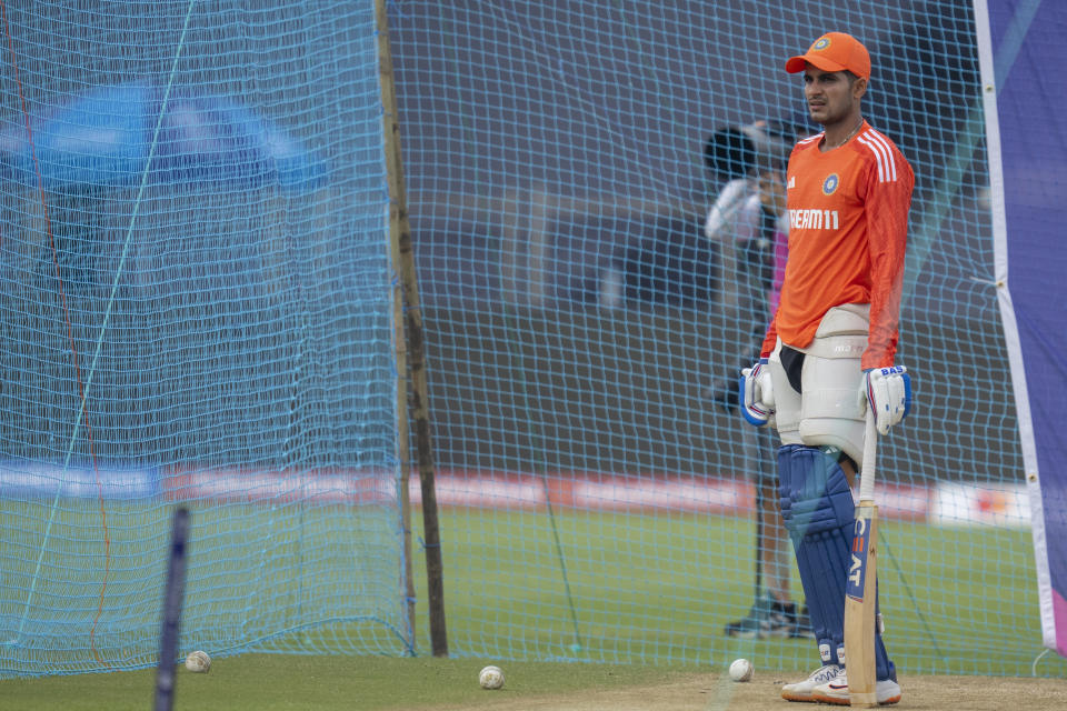 India's Shubman Gill attends a training session ahead of the ICC cricket world cup match against Bangladesh in Pune, India, Wednesday, Oct. 18, 2023. (AP Photo/Rafiq Maqbool)