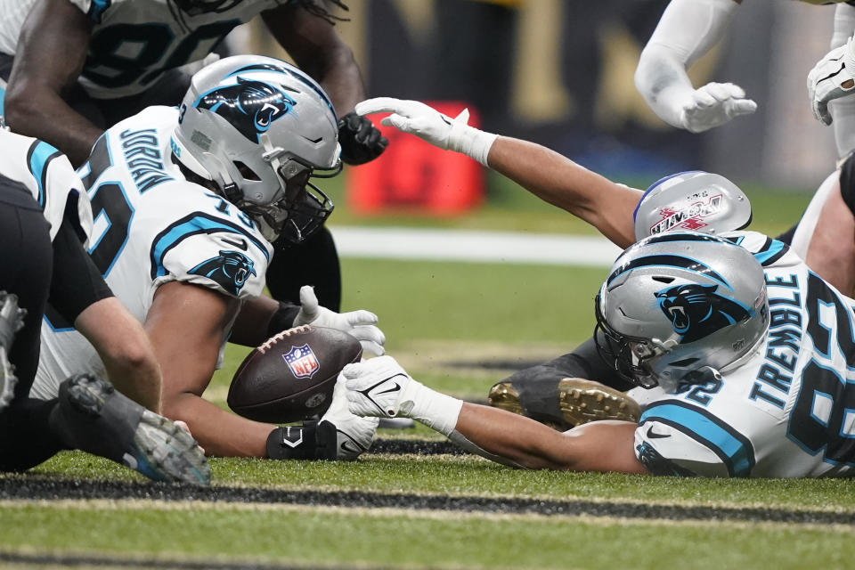 Carolina Panthers guard Michael Jordan recovers a fumble for a touchdown during the second half an NFL football game between the Carolina Panthers and the New Orleans Saints in New Orleans, Sunday, Jan. 8, 2023. (AP Photo/Gerald Herbert)