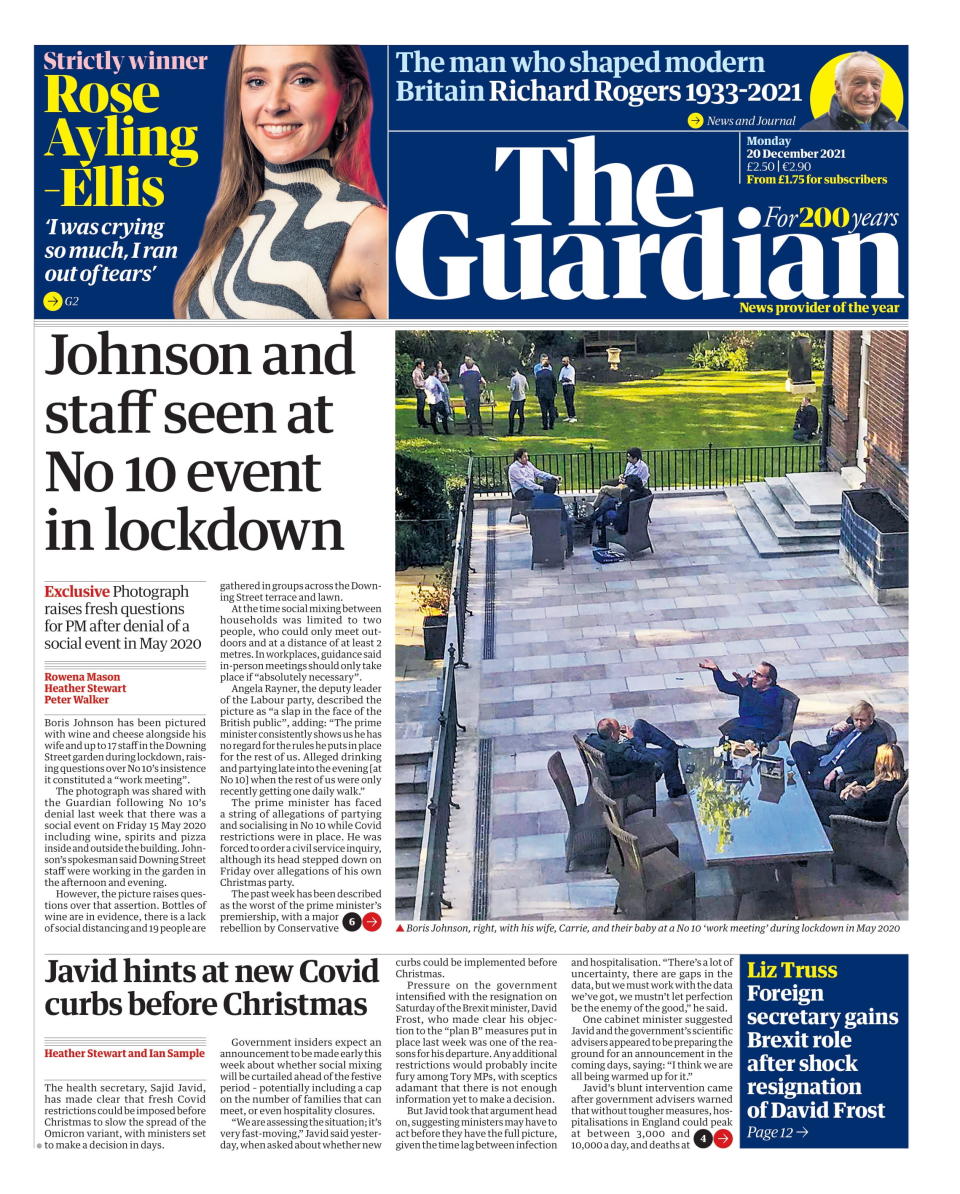 The Guardian's front page on Monday shows a photo of a gathering in the Downing Street Garden. (The Guardian)