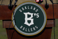 FILE - An Oakland Ballers logo is shown during a news conference at Laney College in Oakland, Calif., Tuesday, Nov. 28, 2023. (AP Photo/Jeff Chiu, File)