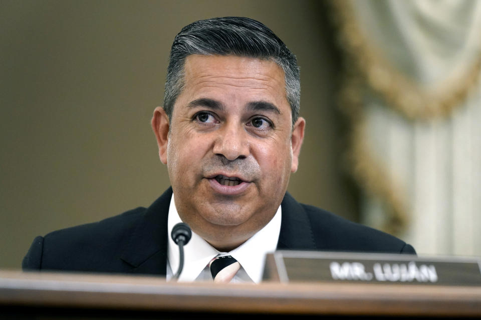 FILE - Sen. Sen. Ben Ray Lujan, D-N.M., speaks during a Senate Commerce, Science and Transportation Subcommittee on Consumer Protection, Product Safety and Data Security hearing on children's online safety and mental health, Sept. 30, 2021, on Capitol Hill in Washington. Democrats control the 50-50 Senate because of Vice President Kamala Harris' tie-breaking vote. With Luján's stroke, his party is outnumbered and can't approve bills or nominations without Republican support. Luján is 49 and Democrats say they expect him back in four to six weeks. (AP Photo/Patrick Semansky, File)