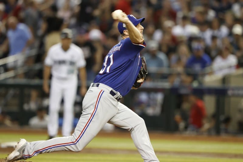 Texas Rangers starting pitcher Max Scherzer is entering the final year of his contract. File Photo by John Angelillo/UPI