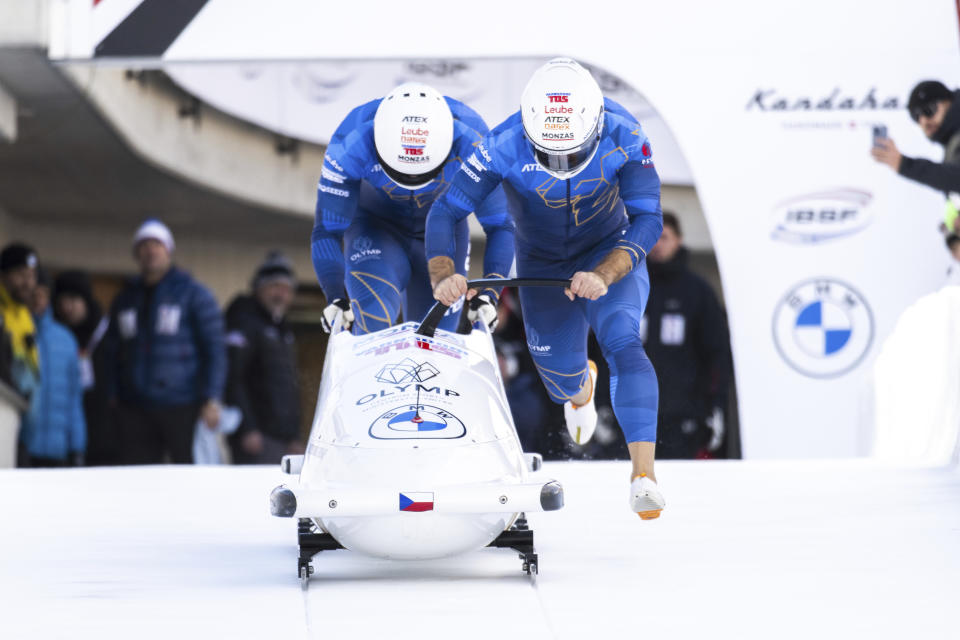 Czech Republic Jachym Prochazka and Michal Dobes start the Two Men's Bob world cup race in St. Moritz, Switzerland, Saturday, Jan. 13, 2024. (Mayk Wendt/Keystone via AP)