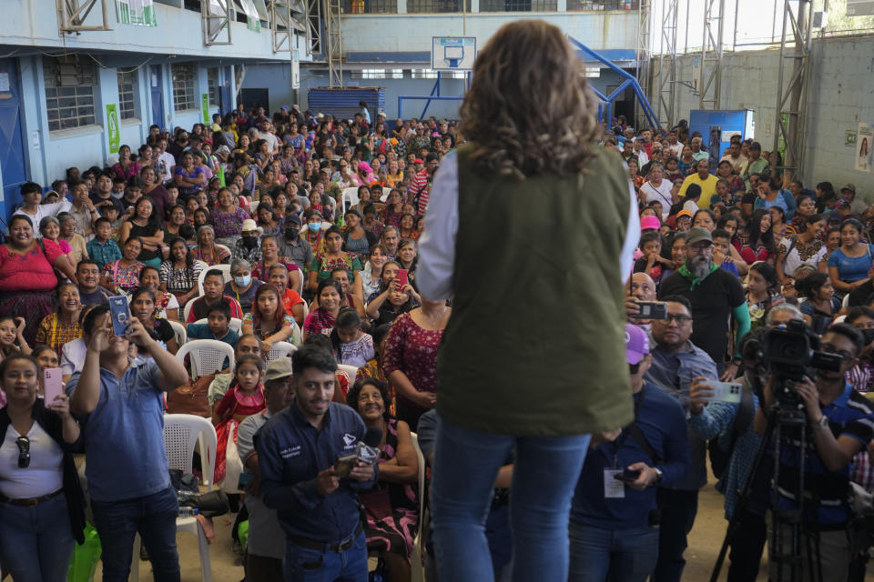 Sandra Torres, presidential candidate of UNE party, attends a campaign rally in San Juan Sacatepequez, Guatemala, Sunday, Aug. 6, 2023. Torres will face Bernardo Arévalo of the Seed Movement party in an Aug. 20 runoff election. (AP Photo/Moises Castillo)