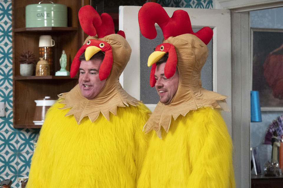 Paddy Houlihan and Danny O'Carroll dressed up in chicken costumes.