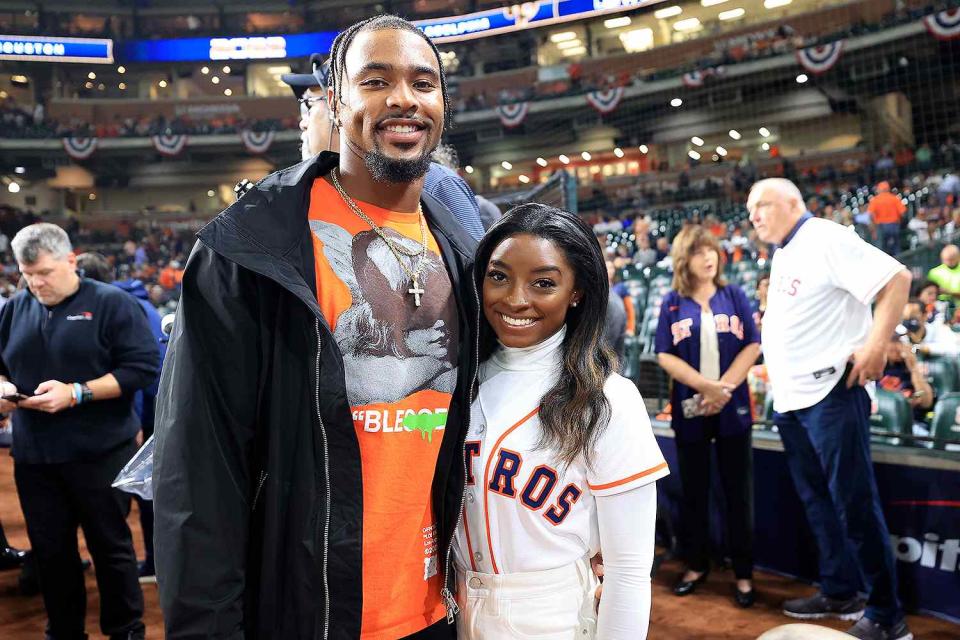 <p>Carmen Mandato/Getty</p> From Left: Jonathan Owens and Simone Biles in October 2022