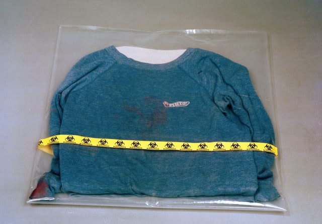 A blue Pinto sweatshirt, allegedly worn by Russell Bishop and said to contain vital DNA evidence