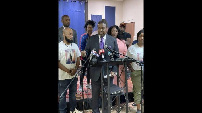Attorney John Burris speaks at the Justice and Dignity Center press conference Thursday announcing a million dollar lawsuit against two Independence police officers and the city of Independence for the death of 39-year-old Tyrea Pryor.