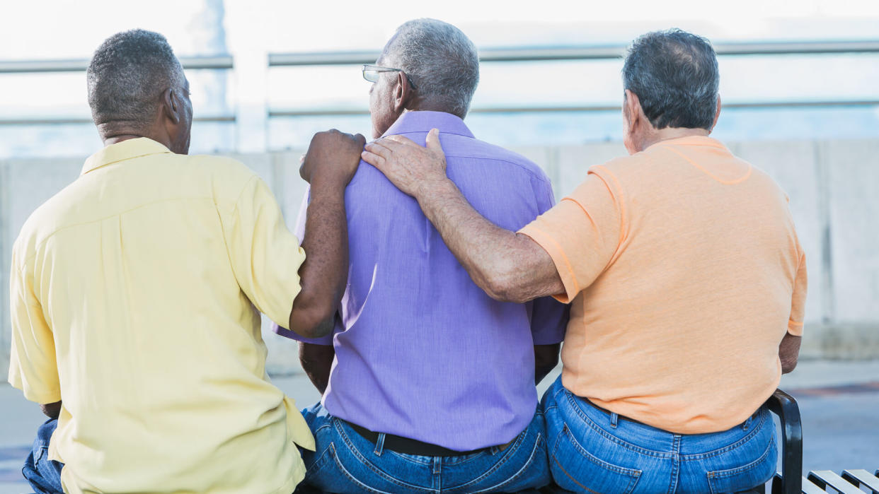 Rear view of three multi-ethnic senior men sitting together on a park bench.