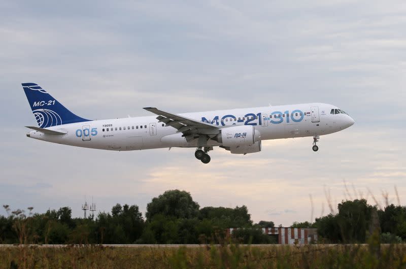 FILE PHOTO: The MC-21-310 medium-range airliner performs a test flight in the Moscow region