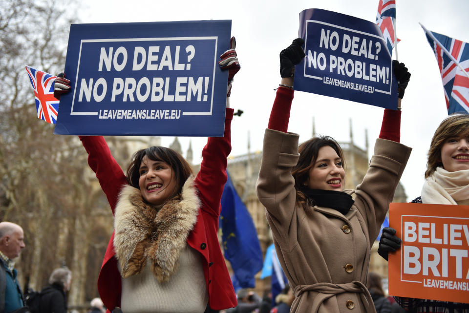 Pro-Brexit supporters held up placards outside the House of Commons in the hours before the parliamentary vote. Photo: John Keeble/Getty Images