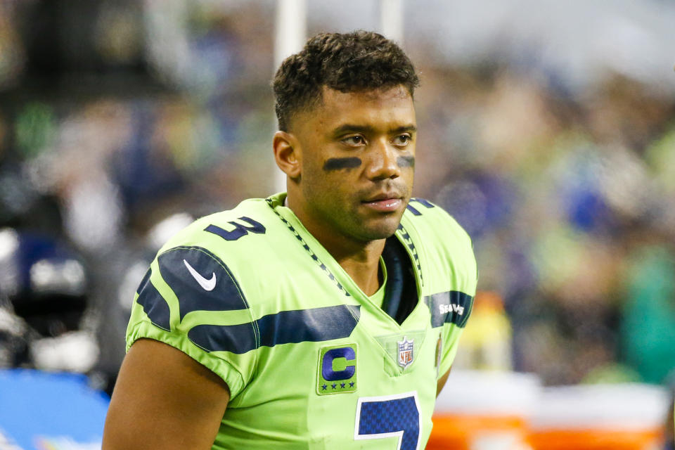 Oct 7, 2021; Seattle, Washington, USA; Seattle Seahawks quarterback Russell Wilson (3) stands on the sideline during the fourth quarter against the Los Angeles Rams at Lumen Field. Mandatory Credit: Joe Nicholson-USA TODAY Sports