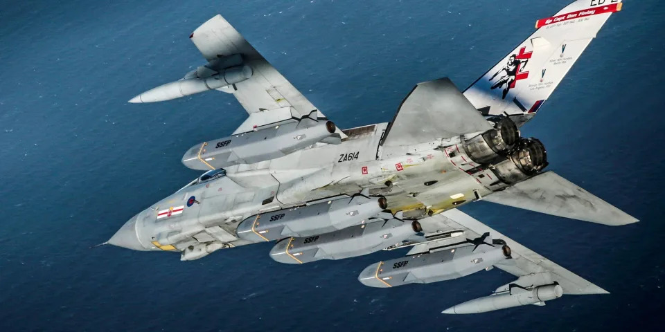 a 41 Sqaudron (the RAF's test and evaluation Sqn) Tornado GR4, preparing to test fire four Storm Shadow missiles over the Atlantic Ocean.