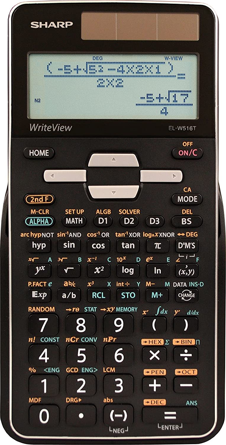 A black Sharp Advanced Scientific Calculator shows the workings of a complicated multiplication and division problem. 