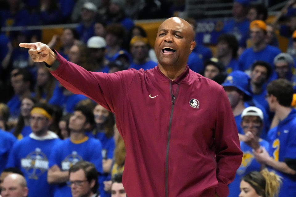 Florida State head coach Leonard Hamilton gives instructions during the first half of an NCAA college basketball game against Pittsburgh in Pittsburgh, Saturday, Jan. 21, 2023. Florida State won 71-64. (AP Photo/Gene J. Puskar)