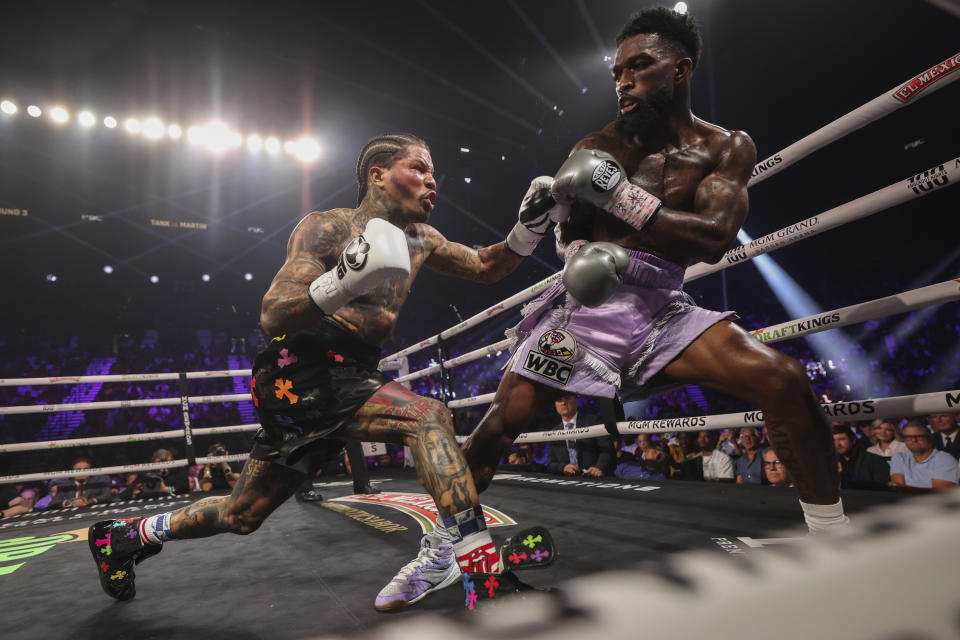 Gervonta "Tank" Davis, left, fights Frank Martin during the WBA lightweight championship boxing bout Saturday, June 15, 2024, in Las Vegas. (Ellen Schmidt/Las Vegas Review-Journal via AP)