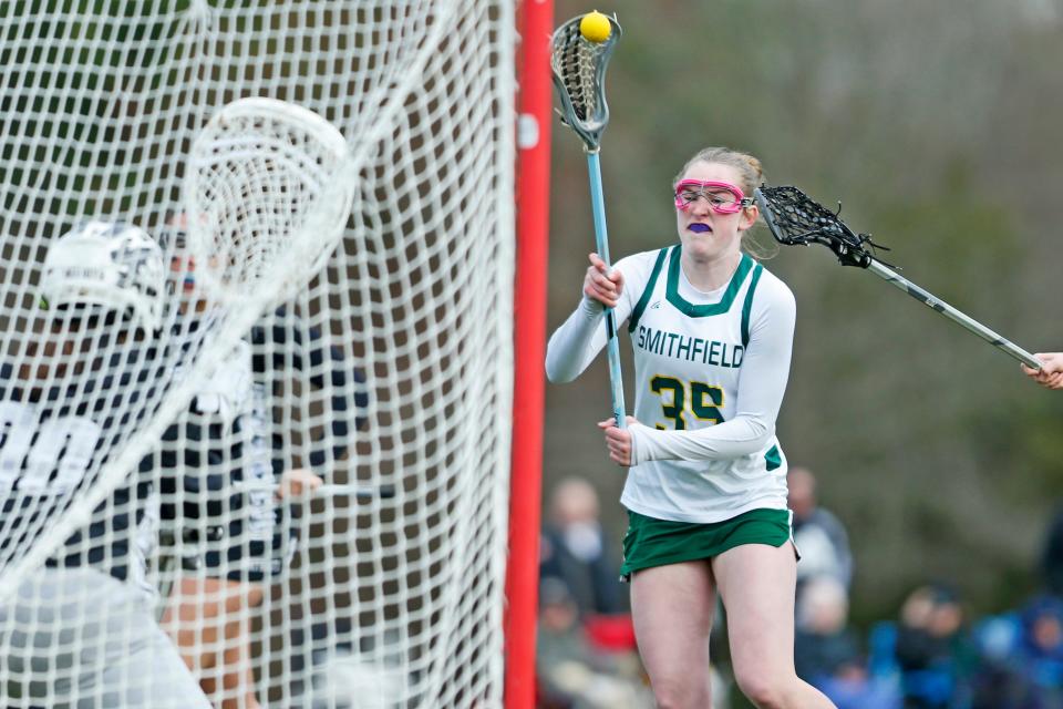 Smithfield's Annabelle Lally moves in for a shot during Friday's match against Pilgrim, an 18-6 victory for the Sentinels. Lally finished with four goals.