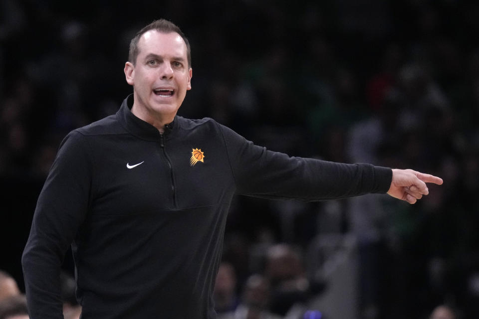 Phoenix Suns head coach Frank Vogel calls to his players during the first half of an NBA basketball game against the Boston Celtics, Thursday, March 14, 2024, in Boston. (AP Photo/Charles Krupa)