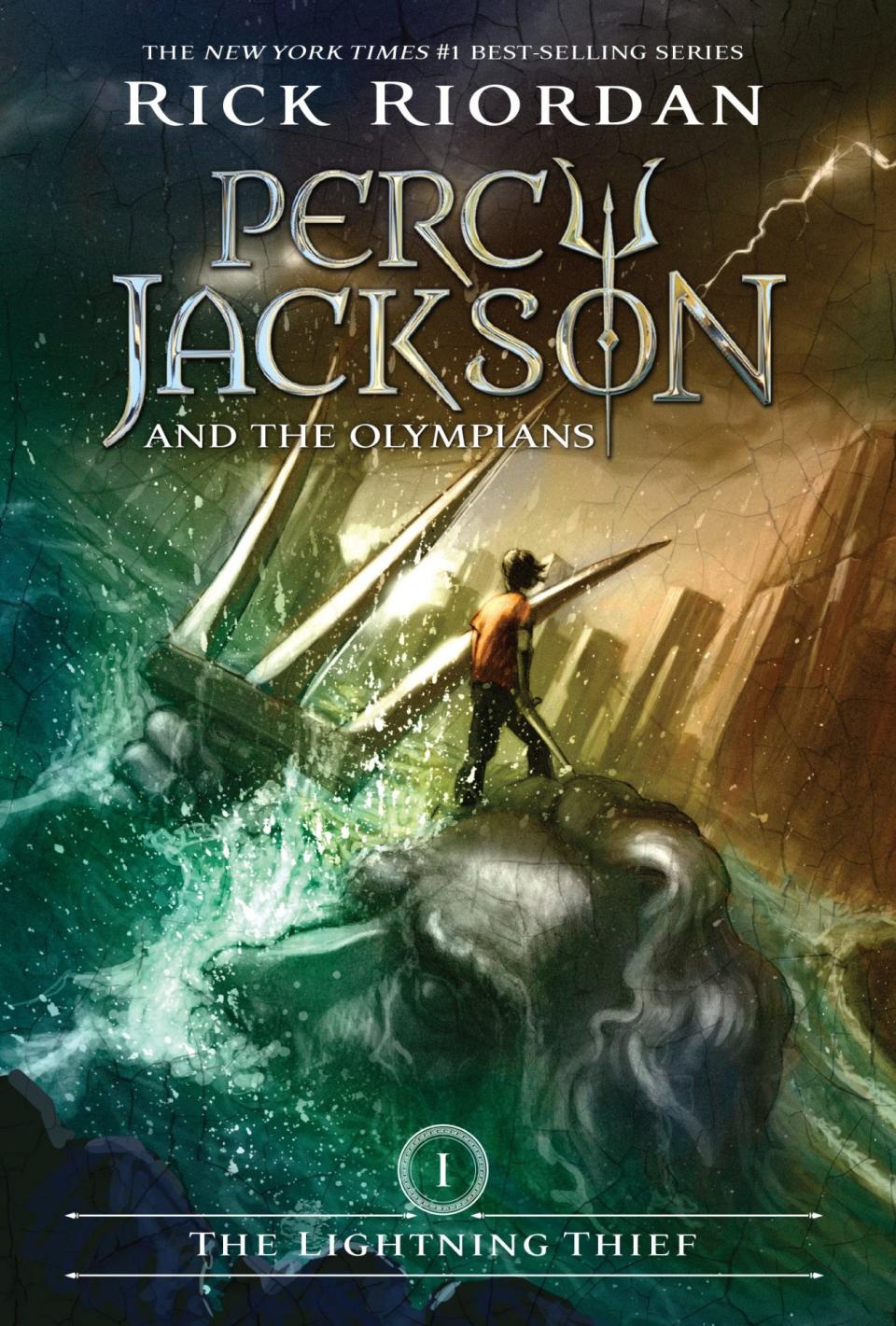 The cover of The Lightning Thief, showing Percy Jackson on a statue in water