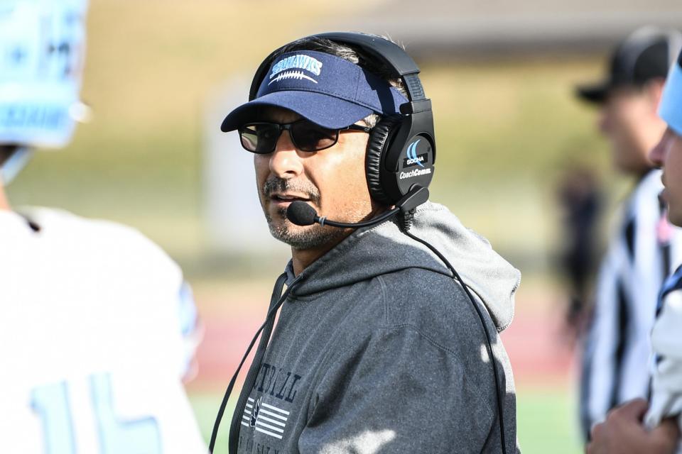 Keiser University football head coach Doug Socha during the Seahawks' national quarterfinal against Grand View University on Nov. 26 in Sioux City, Iowa.