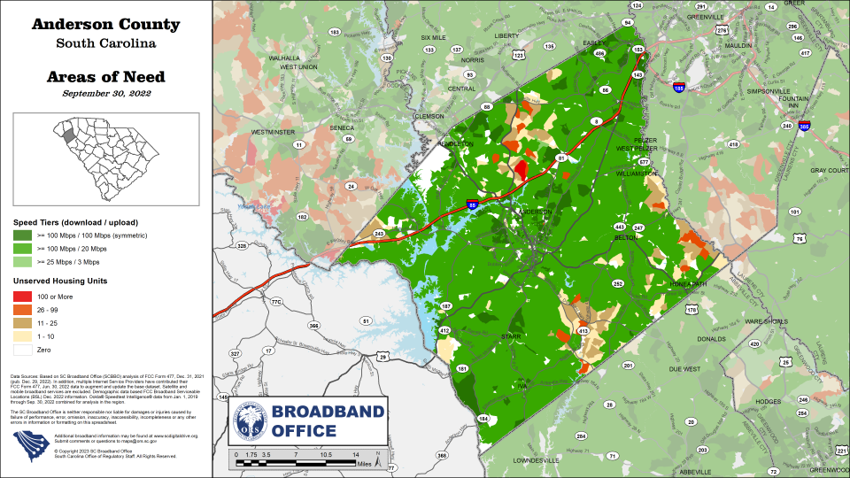 Areas shaded in orange and red in Anderson County are identified as those not served by high-speed Internet, according to the South Carolina Broadband Office.