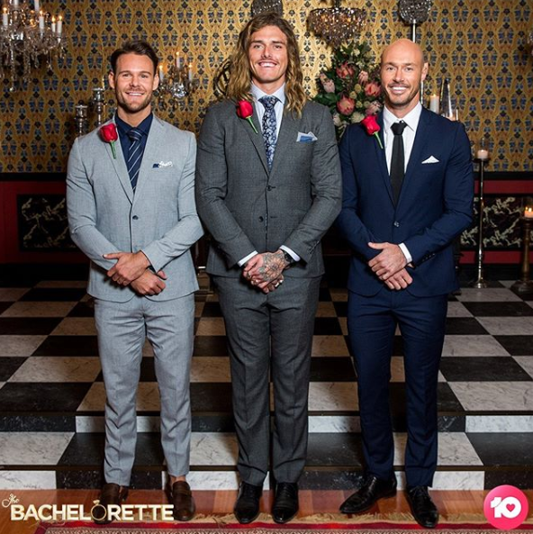 A photo of Carlin Sterritt with his fellow Top 3 bachelors Timm Hanly and Ryan Anderson on The Bachelorette Australia.