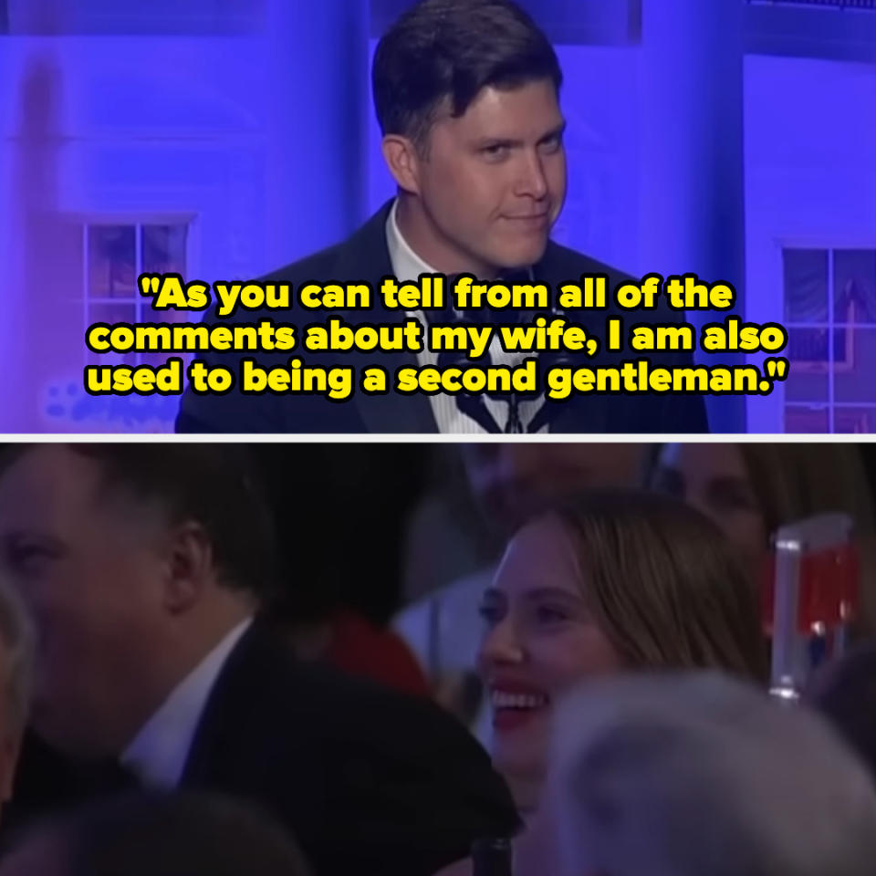 Closeup shots of Colin Jost saying, "As you can tell from all of the comments about my wife, I am also used to being a second gentleman"