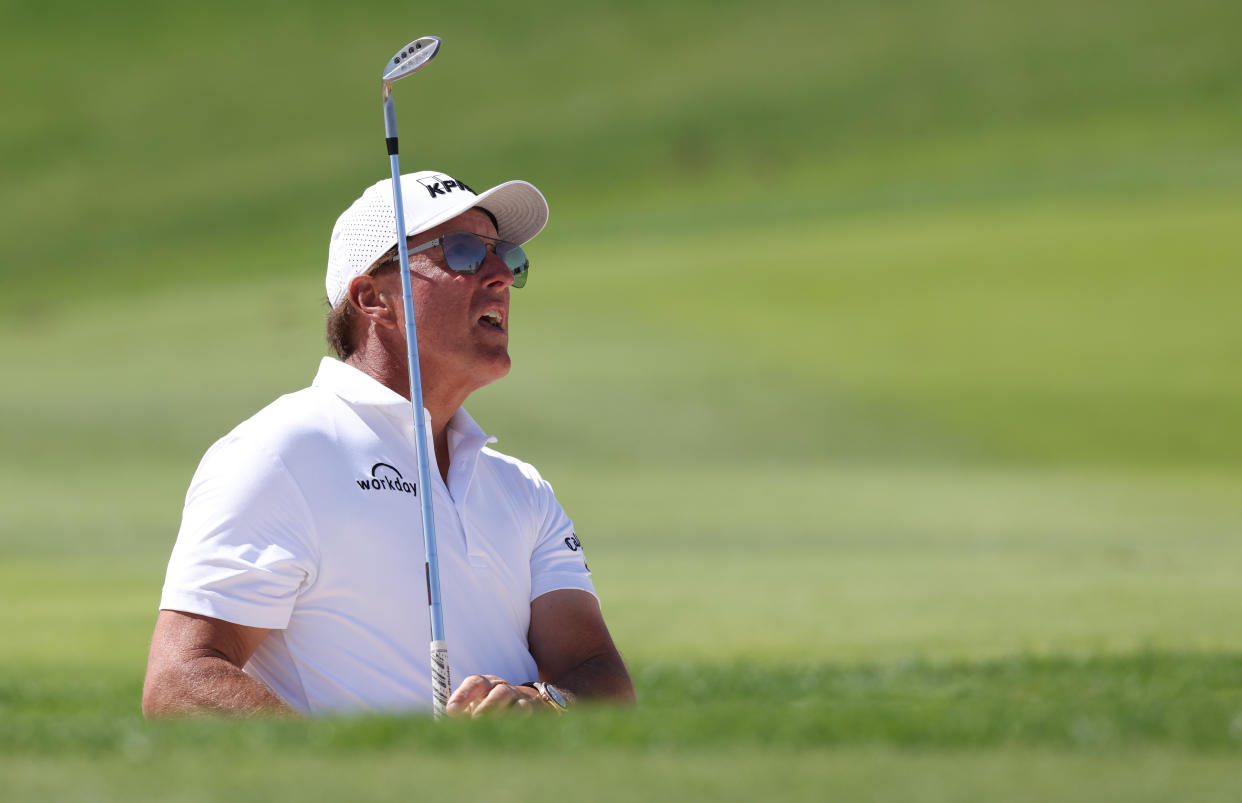 AL MUROOJ, SAUDI ARABIA - FEBRUARY 05: Phil Mickelson of USA looks on after playing from a bunker on the 10th hole during day three of the PIF Saudi International at Royal Greens Golf & Country Club on February 05, 2022 in Al Murooj, Saudi Arabia. (Photo by Luke Walker/WME IMG/WME IMG via Getty Images)