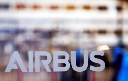 FILE PHOTO: Logo of Airbus is pictured at the Airbus A380 final assembly line at Airbus headquarters in Blagnac, near Toulouse, France, March 21, 2018. REUTERS/Regis Duvignau