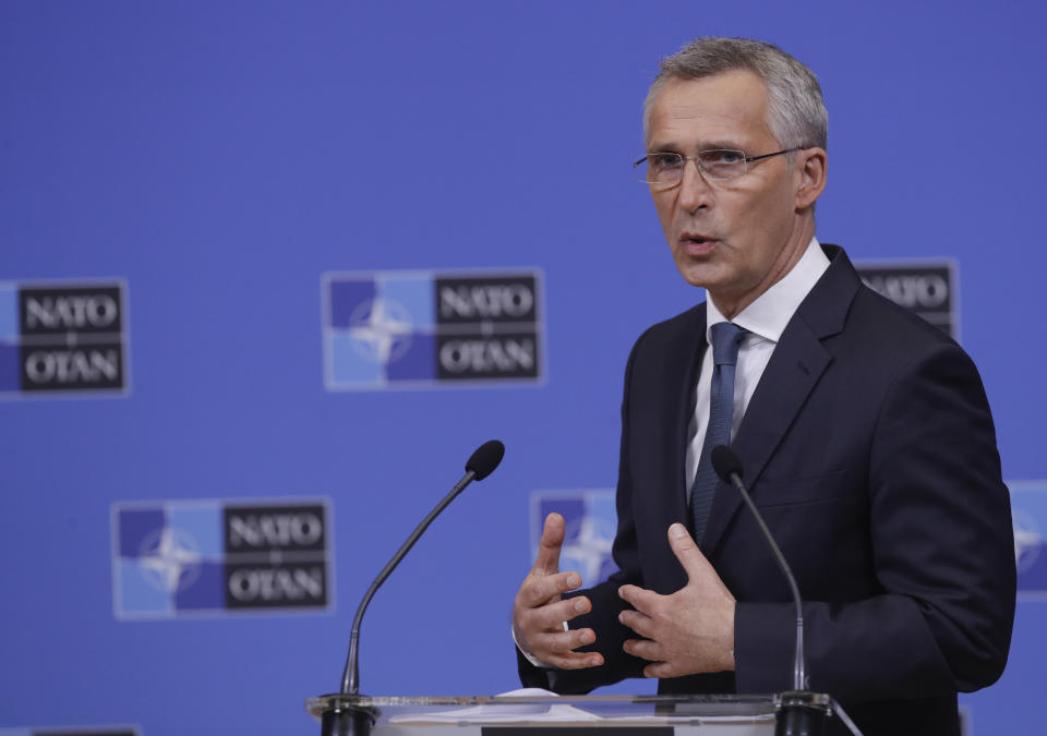 NATO Secretary General Jens Stoltenberg speaks during a press briefing ahead to an online NATO Foreign and Defense Ministers' meeting at the NATO headquarters in Brussels, Monday, May 31, 2021. (Olivier Hoslet/Pool Photo via AP)