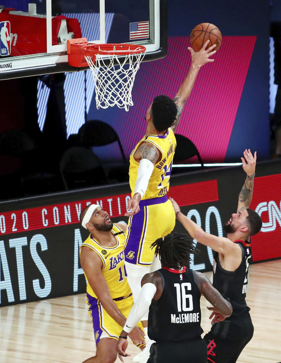 Los Angeles Lakers guard Danny Green (14) blocks the shot of Houston Rockets guard Austin Rivers (25) during the second half of an NBA basketball game Thursday, Aug. 6, 2020, in Lake Buena Vista, Fla. (Kim Klement/Pool Photo via AP)