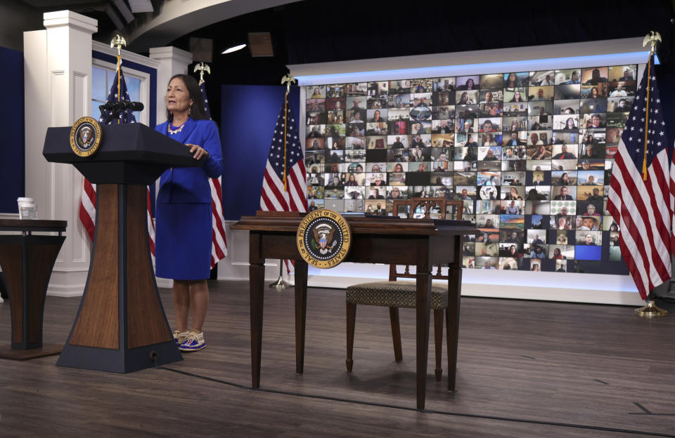 U.S. Interior Secretary Deb Haaland wore her moccasins during the 2021 Tribal Nations Summit on Nov. 15. (Photo: Alex Wong/Getty Images)