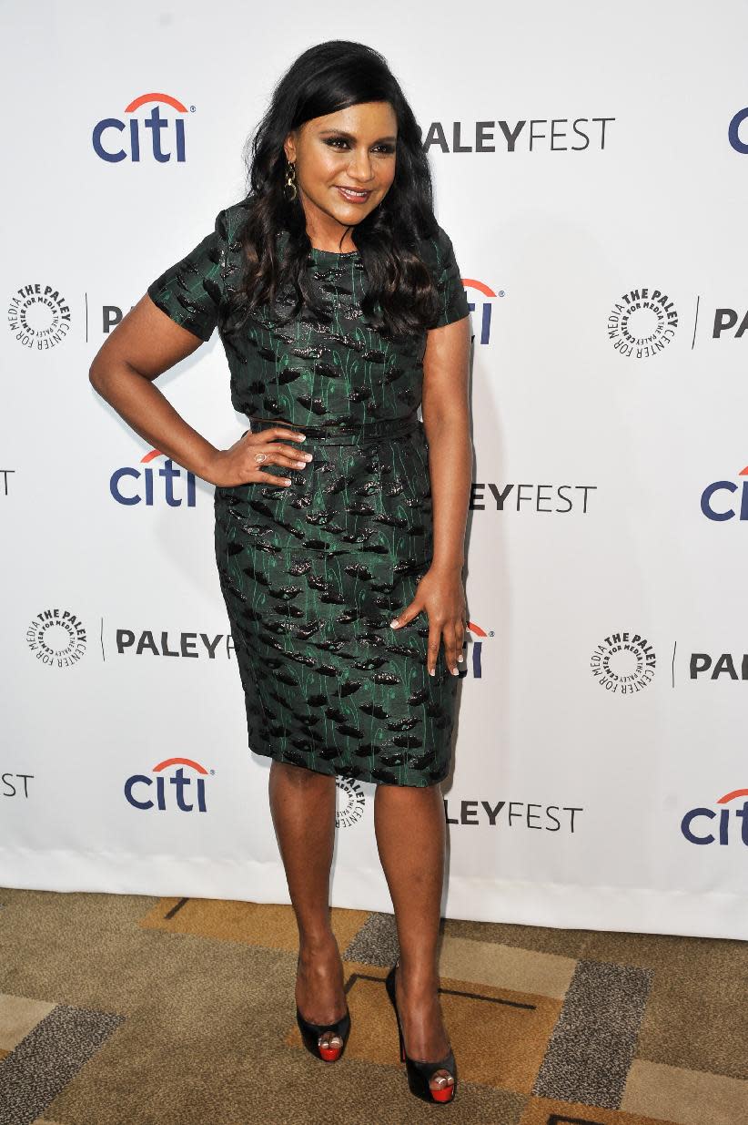 FILE - In this Tuesday, March 25, 2014 file photo, Mindy Kaling arrives at PALEYFEST 2014 - "The Mindy Project," in Los Angeles. NBC says it's launching a national talent search for comedy writers with an initiative, dubbed "NBC Comedy Playground," that will give up to 10 finalists the chance to create pilots and a formal presentation. The top two ideas will be picked by a celebrity advisory board including Eva Longoria, Sean Hayes, Kaling and Seth Meyers. (Photo by Richard Shotwell/Invision/AP, file)