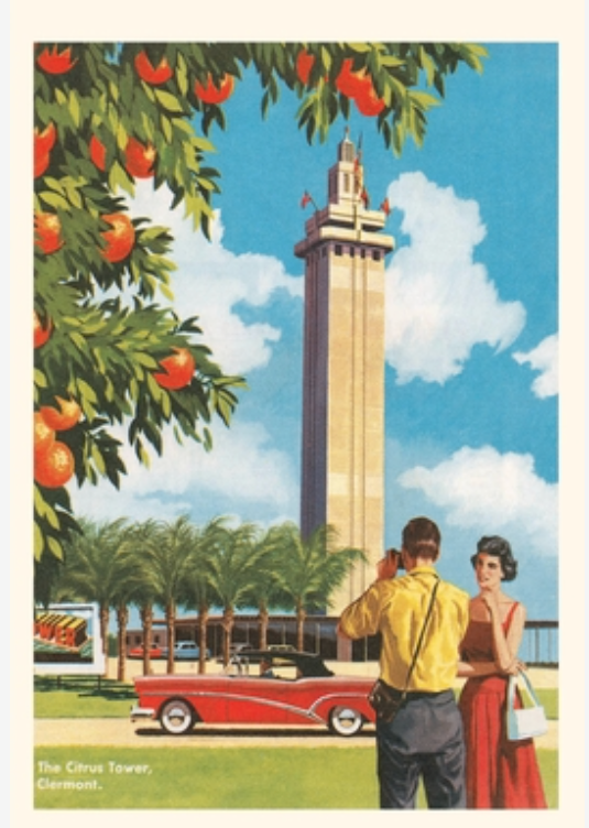 A postcard depicting the historic Citrus Tower in Clermont. Nowadays, you can get married at the top floor with a view of the majestic hills of South Lake County.