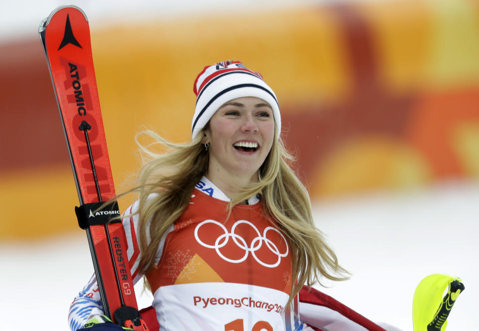 FILE - In this Thursday, Feb. 22, 2018 file photo,United States' Mikaela Shiffrin smiles after competing in the women's combined slalom at the 2018 Winter Olympics in Jeongseon, South Korea. Turns out, even two-time World Cup overall champion Mikaela Shiffrin gets nervous in the start gate. It first struck her two years ago and hit her again before the Olympic slalom race last winter when she finished fourth. (AP Photo/Michael Probst, File)