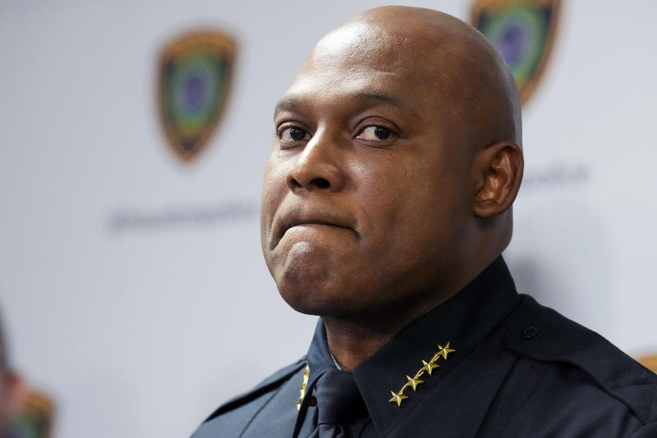 Houston Police Chief Troy Finner announces an arrest in connection with the fatal shooting Kirsnick Khari Ball, commonly known as Migos rapper Takeoff, during a news conference on Friday, Dec. 2, 2022, in Houston. Police announced the arrest of Patrick Xavier Clark, 33, who has been charged with murder in the case. (Brett Coomer/Houston Chronicle via AP)