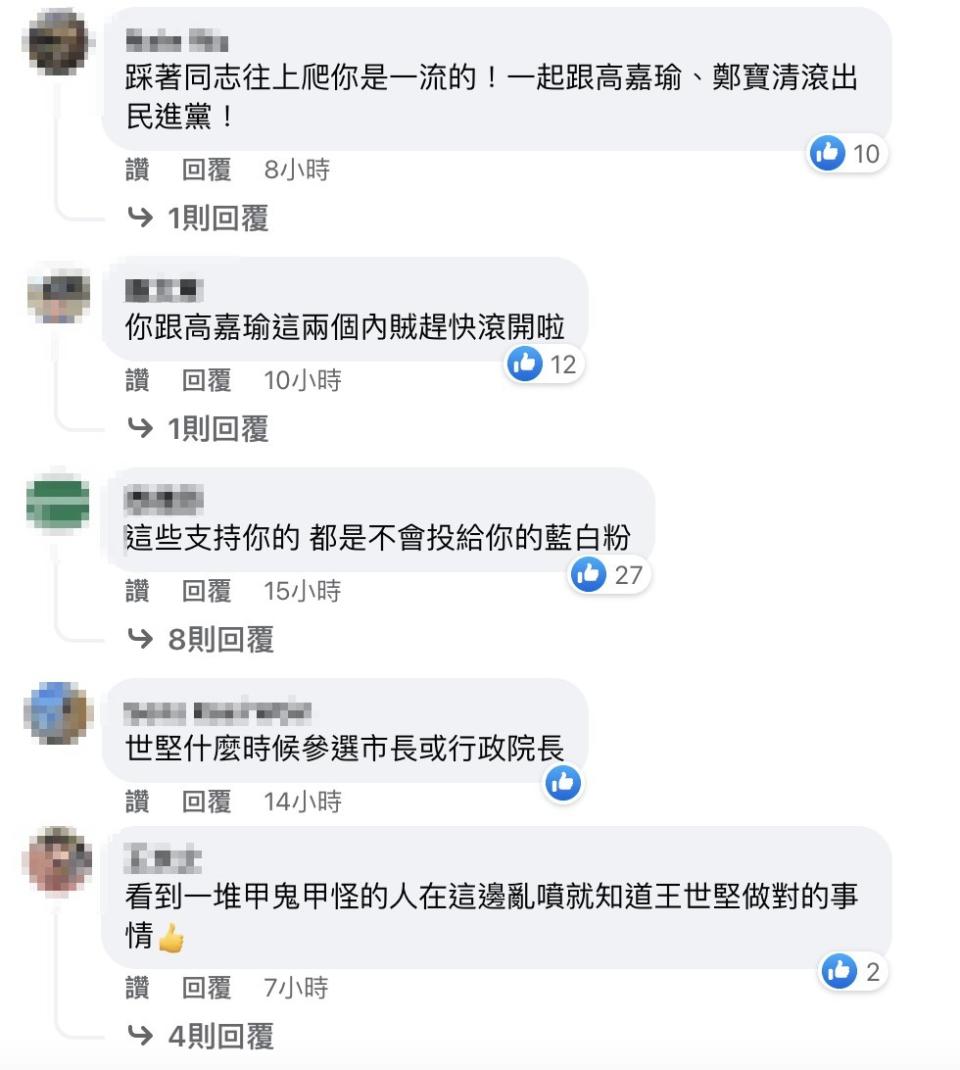 連同王世堅都慘遭綠營支持者謾罵。（圖／翻攝自王世堅臉書）